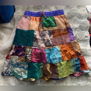 Bohemian Patchwork Multicolor 100% Silk Midi Skirt Made in India Size Small New